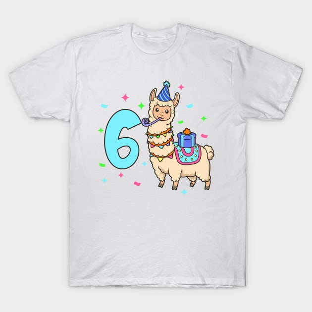 I am 6 with Lama - kids birthday 6 years old T-Shirt by Modern Medieval Design